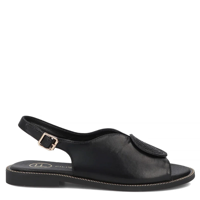 Filippo Women's Black Sandals With Decorative Ornament Flat DS6229-26-BK