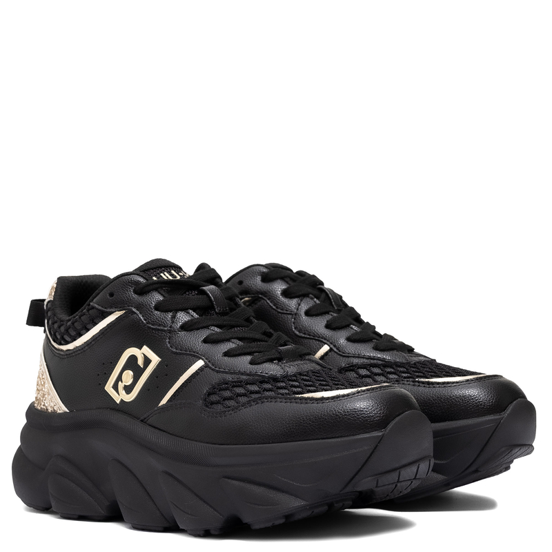 Liu Jo Sneakersy Damskie Na Platformie Półbuty Brokatowy Zapiętek Czarny BF5061-PX783-GOLD