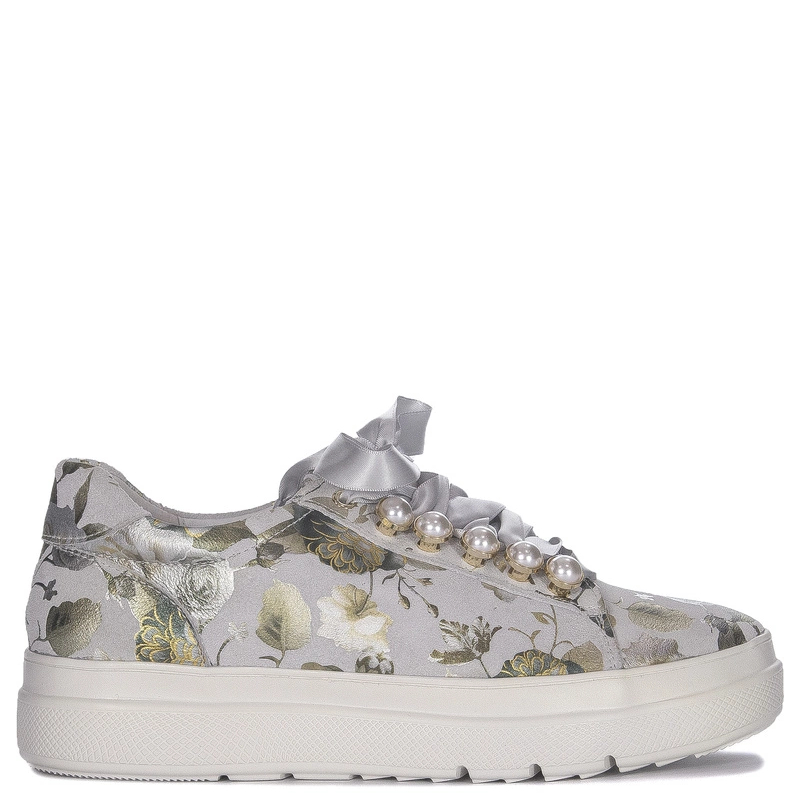 Maciejka Skórzane Sneakersy Perłowe Półbuty na Platformie Popiel w Kwiaty N6482-38/00-1