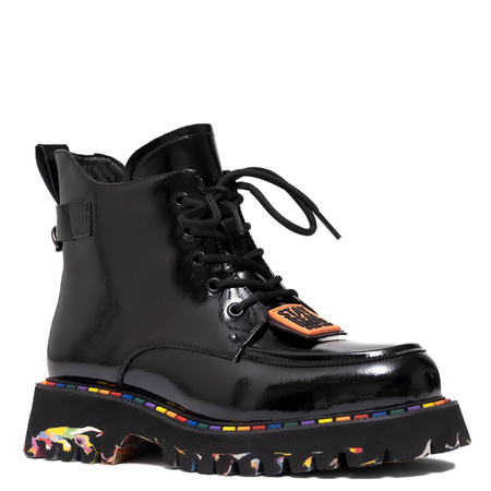 Sokolski Lace-Up Patent Ankle Boots Trzewiki Zip Detail Black CH-Z25-90-BLK-L
