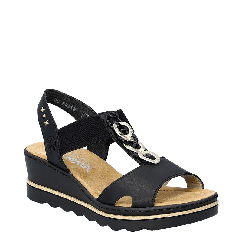 Treść wiadomości Gemini Rieker Wedge T-Strap Decorative Chain Comfort Sandals Black 67498-00