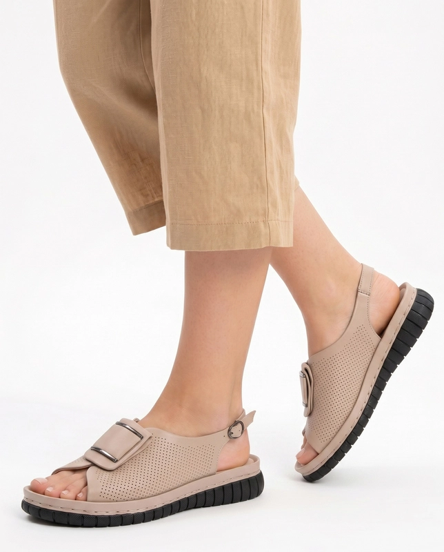 Sokolski Leather Open-Toe Sandals Chunky Sole Beige HW-L26-475