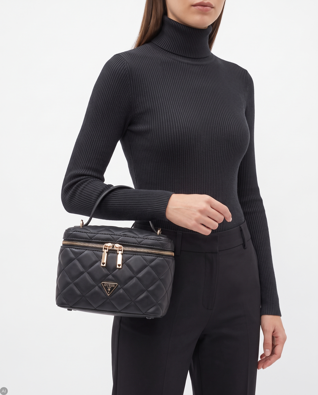 Guess Elegancka Pikowana Torebka Kuferek Na Łańcuszku Czarna HWQG2456770-BLACK