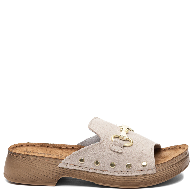 Inblu Leather Slides With Gold Buckle Studded Beige TF0002KU-ICE