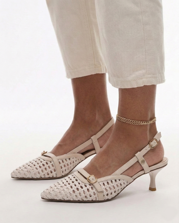 Maciejka Skórzane Plecione Czółenka Slingback na Niskiej Szpilce Beżowe K7446-22/00-1