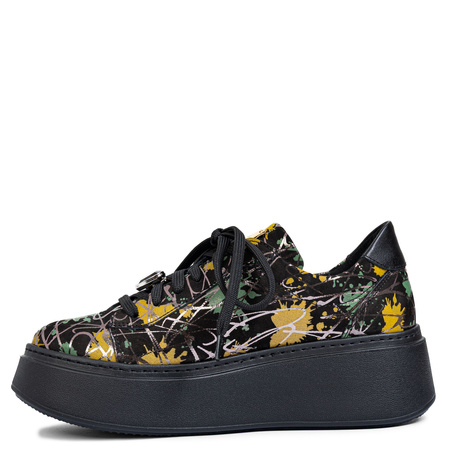 Maciejka Buty Damskie na Platformie - Czarne Sneakersy z Abstrakcyjnym Wzorem