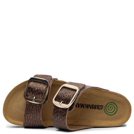 Dr. Brinkmann Leather Croc-Embossed Buckle Slides on Cork Sole Brown 700910-23