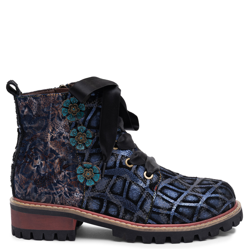 Maciejka Leather Ankle Boots Navy Blue Patchwork Floral Lace-Up K7687-17/00-7