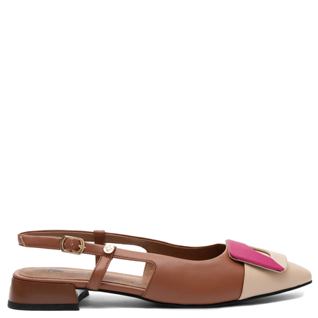 Maciejka Skórzane Czółenka Slingback na Niskim Obcasie Beżowo-Brązowo-Różowe K7427-02/00-1