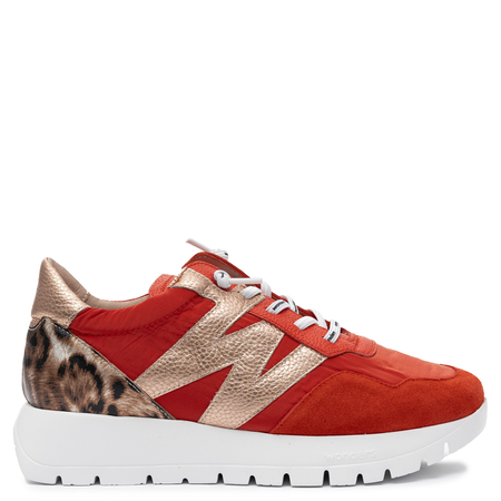 Wonders Skórzane Sneakersy na Platformie Półbuty Sportowe z Panterką Czerwony A-24100-FLAM-RAME