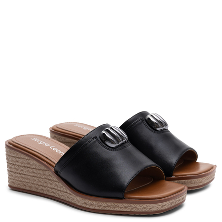 Sergio Leone KL-325 Women's Wedge Slides With Ornament Black KL-325-CZARNY