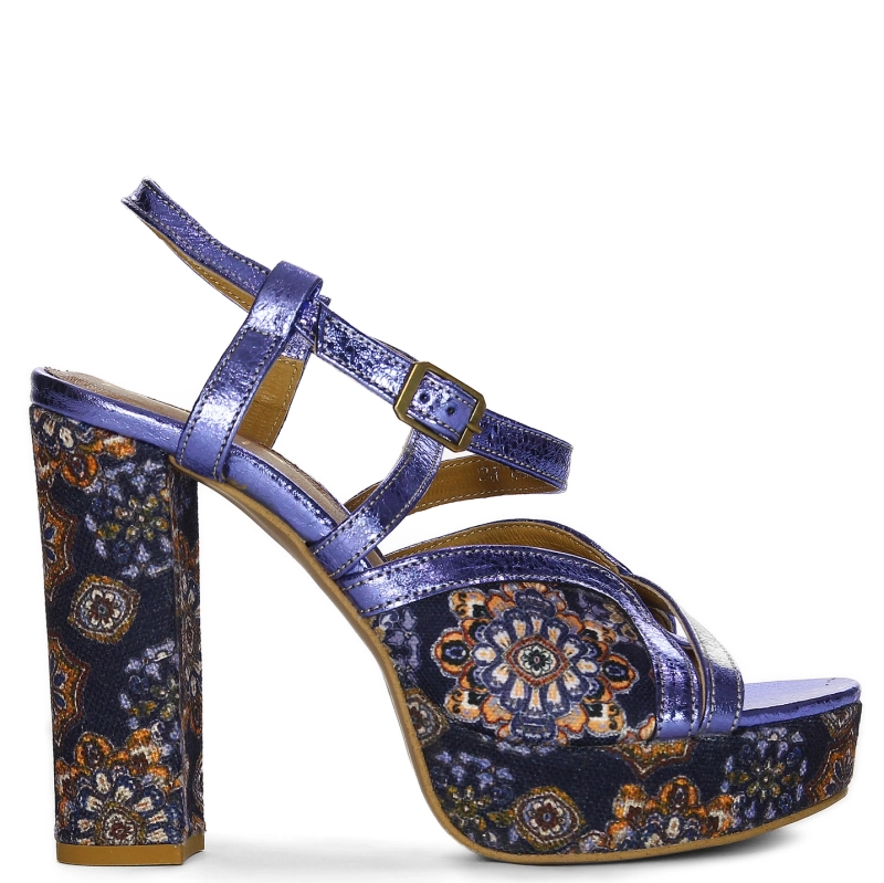 Maciejka Leather Platform Block Heel Sandals Navy Metallic Folk Pattern 06084-17/00-1