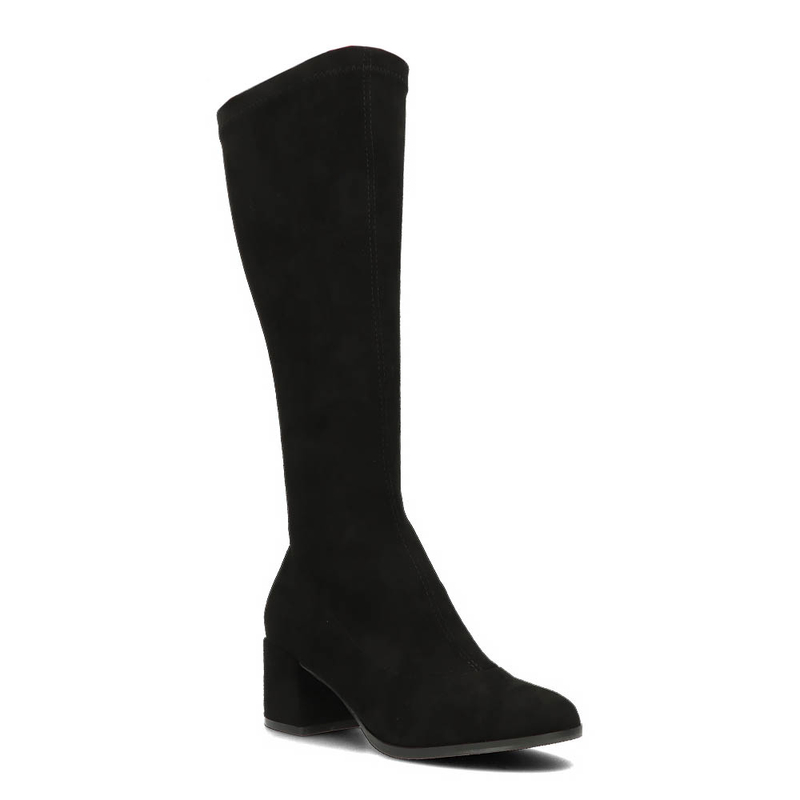 Filippo Stretch Faux Suede Knee High Block Heel Boots Black DKZ932-26-BK