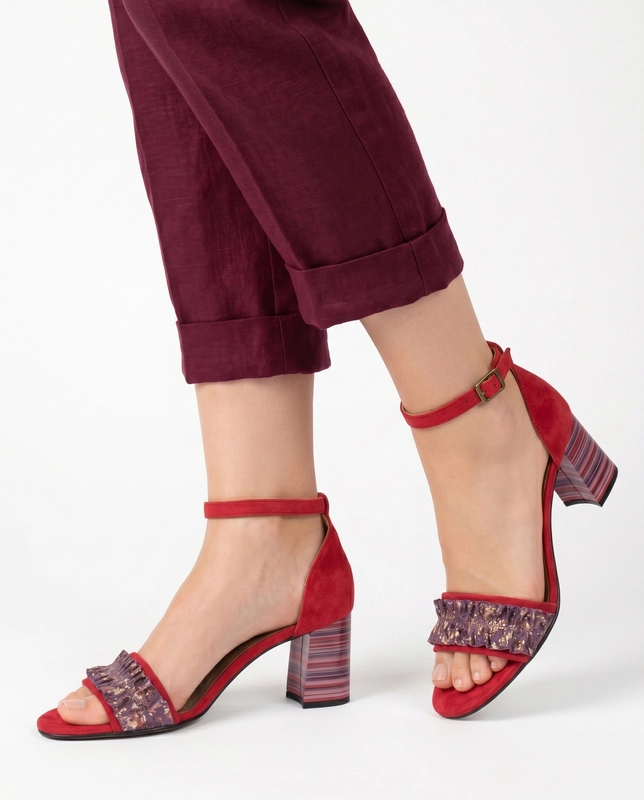 Maciejka Elegant Suede Block Heel Sandals With Ruffle Red 04144-08/00-5