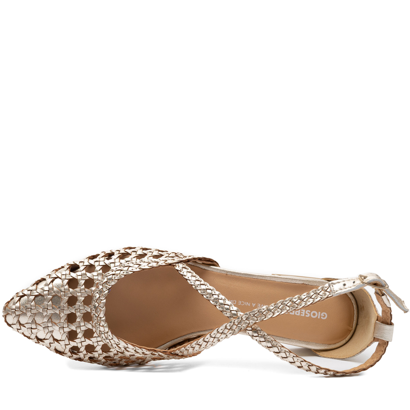 Gioseppo Woven Leather Low-Heel Pumps Cross-Strap Gold 75560-PLATINUM