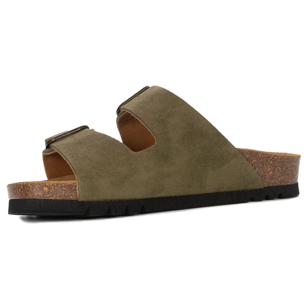 Scholl Leather Slides Two Buckles Women’s Sandals Anatomic Footbed Olive F32165-1147