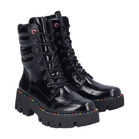 Rieker Patent Platform Lace-Up Ankle Boots Side-Zip Black Y3330-00-BLACK