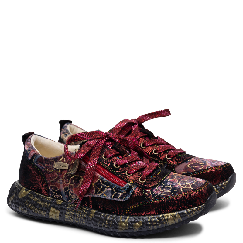 Laura Vita Kwiatowe Skórzane Sneakersy Sznurowane Wielokolorowe 0008116-BUR-WINE