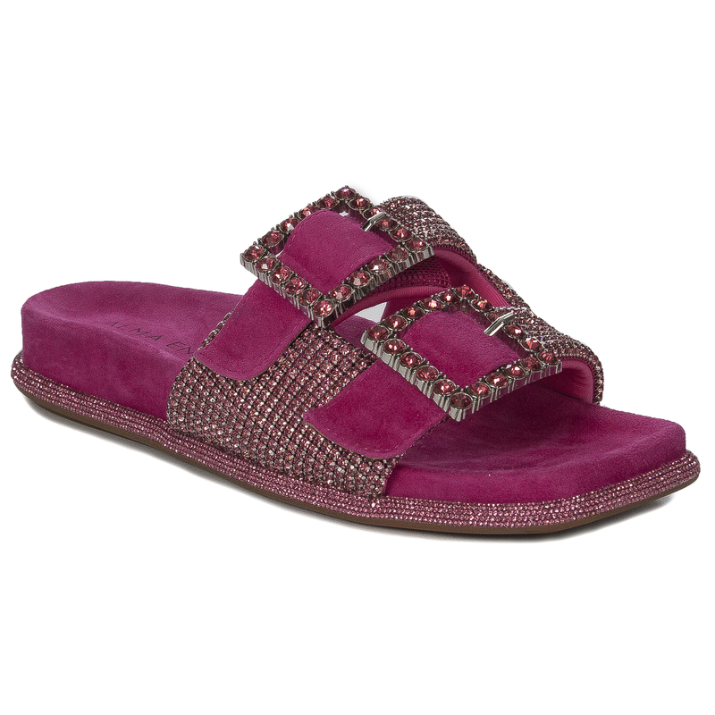 Alma El Pena Klapki damskie Suede Fuxia z cyrkoniami
