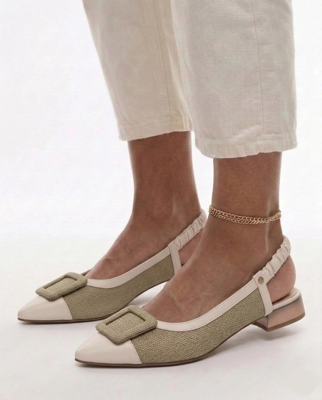Maciejka Leather Slingback Pumps Woven-Effect Buckle Low Heel Beige-Green K7466-12/00-1