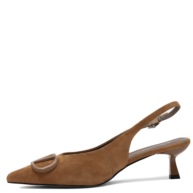 Maciejka Skórzane Czółenka Slingback na Niskiej Szpilce Brązowe K7447-32/00-1