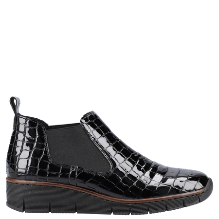 Rieker Lakierowane Skórzane Na Koturnie Półbuty Wsuwane Croco Czarne 53794-01-BLK