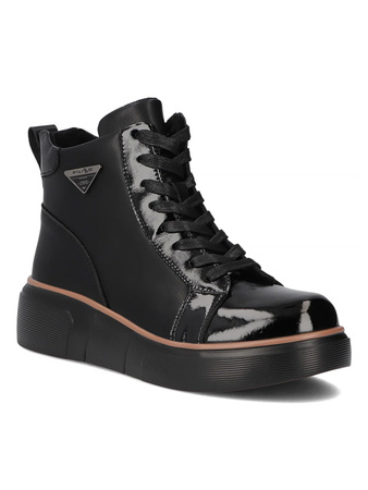 Filippo Leather Patent-Accented Women’s Ankle Boots With Side Zip Platform Black DBT6453-25-BK