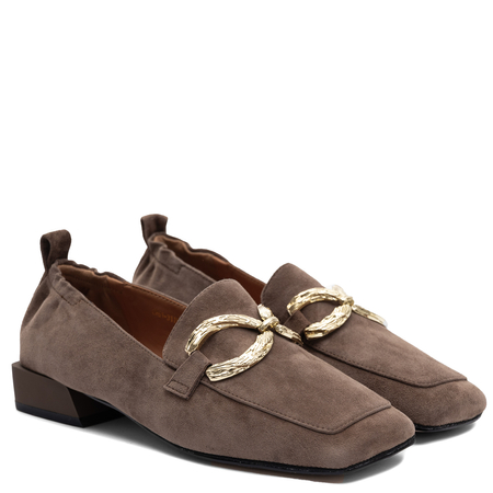 S. Barski Eleganckie Zamszowe Półbuty Damskie Ze Złotą Ozdobą Brązowe CR61-3115