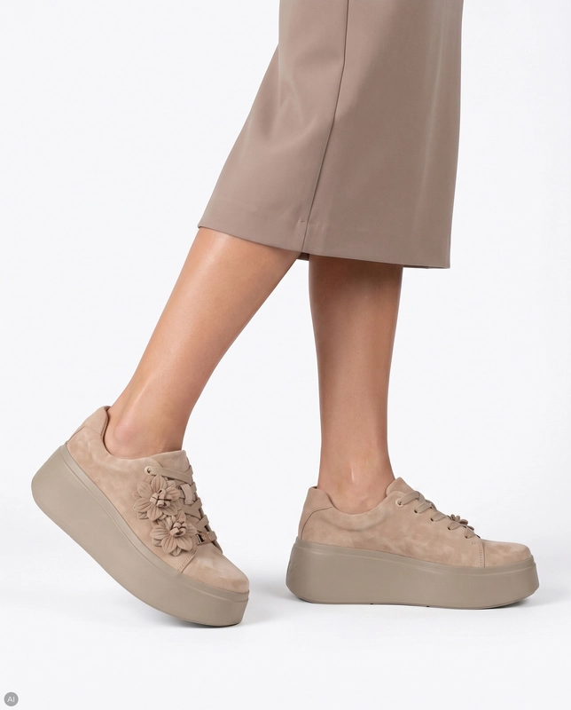 Filippo Zamszowe Sneakersy Damskie Z Kwiatami Na Platformie Beżowe DP7987/26 BE