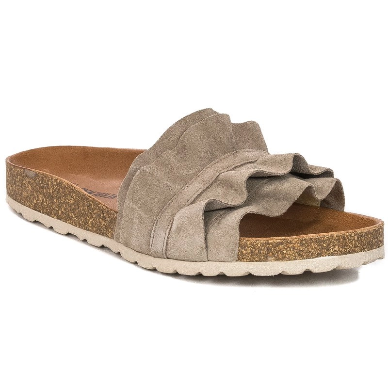 Verbenas Rocio Suede Leather Ruffle Slides Beige ROCIO-SER-VOL