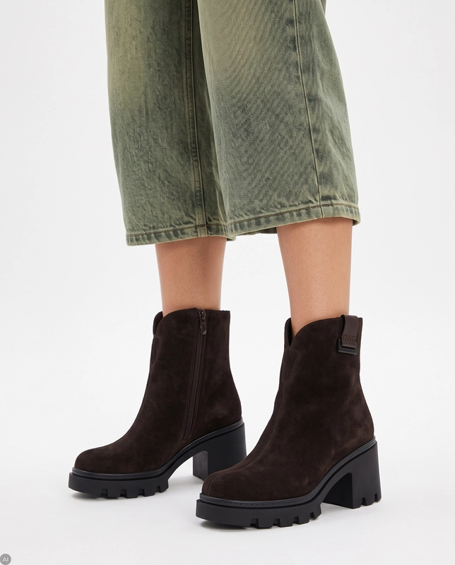 T.Sokolski Suede Women's Block Heel Ankle Boots on Lug Sole Dark Brown SH-Z26-428