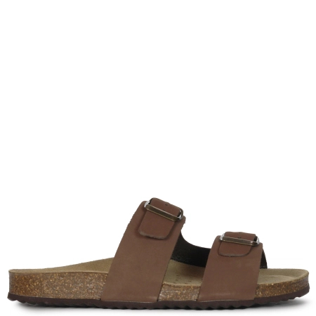 Geox Leather Adjustable Slides with Cork Footbed Brown D35LSL-C6009