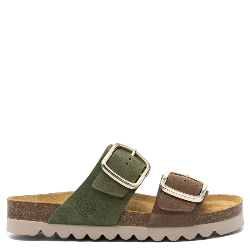 Dr. Brinkmann Leather Buckle Slides Cork-Sole Brown-Green 700924-07