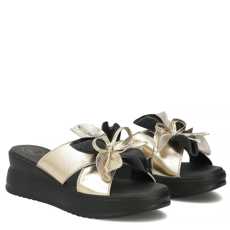 Filippo Leather Wedge Slippers With Decorative Bow Gold DK7636-26-GO-BK