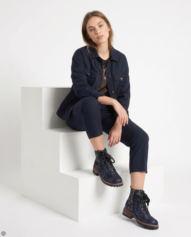 Maciejka Leather Ankle Boots Navy Blue Patchwork Floral Lace-Up K7687-17/00-7