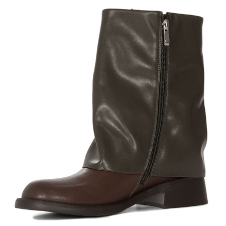 Maciejka Damskie Skórzane Botki Z Nakładaną Cholewką Niski Obcas 4 cm Zielono-Brązowe K7213-09/00-8