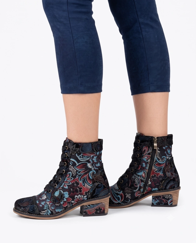 Maciejka Women's Leather Lace-Up Boots With Zipper Floral Multicolor K7688-01/00-7