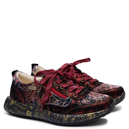 Laura Vita Kwiatowe Skórzane Sneakersy Sznurowane Wielokolorowe 0008116-BUR-WINE