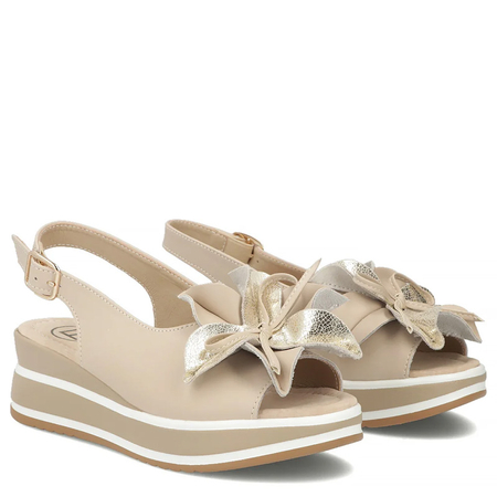 Filippo Leather Wedge Sandals With Decorative Flower Beige DS7045-26-BE
