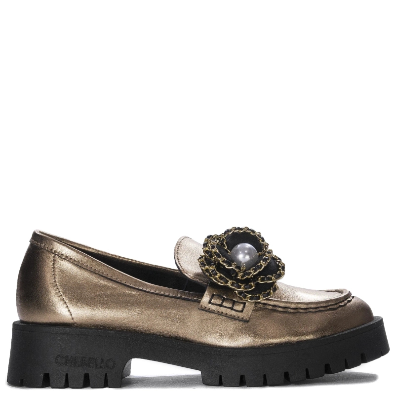 Chebello Women's leather platform gold moccasins