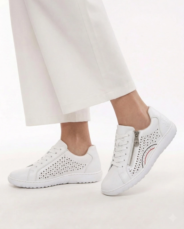 Rieker Skórzane Ażurowe Sneakersy Damskie z Suwakiem Białe 52824-80