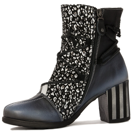 Maciejka Avant-Garde Leather Ankle Boots Block Heel Black Blue 05605-01/00-7