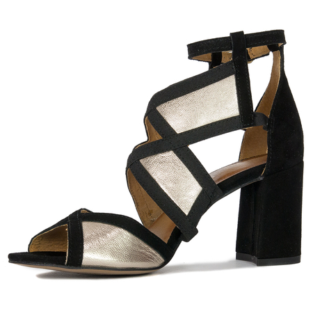 Maciejka Sandały damskie na słupku skórzane złoty + czarny