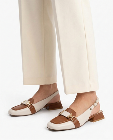 Maciejka Skórzane Półbuty Slingback Czółenka na Niskim Obcasie Beżowo-Brązowe K7441-04/00-1