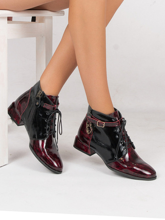 Maciejka Patent Leather Lace-Up Ankle Boots Side Zipper Burgundy 5743A-23/00-7