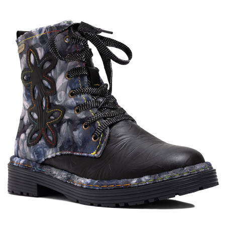Laura Vita Skórzane Trzewiki Damskie Kwiatowy Wzór z Zamkiem i Sznurowaniem Wielokolorowe INCASO-024-CHAR