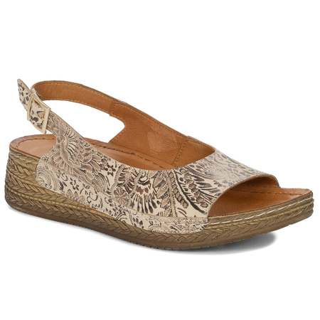 Maciejka Women's Leather Sandals Beige with Flowers