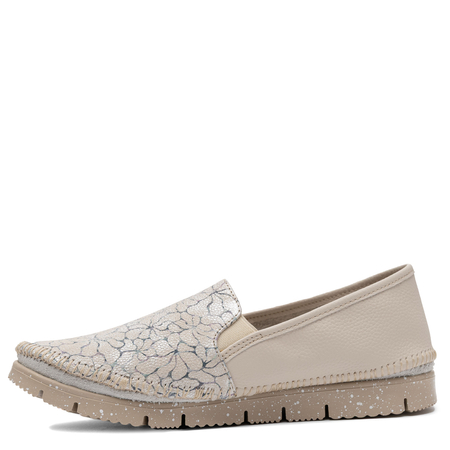 Maciejka Skórzane Wygodne Półbuty Slip-On z Kwiatowym Wzorem Beżowe 03512-69/00-0