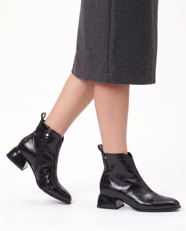 Maciejka Women's Leather Pointed Toe Geometric Block Heel Ankle Boots Black K7675-01/00-7