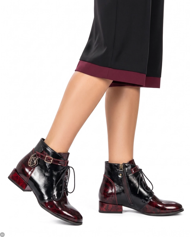 Maciejka Patent Leather Lace-Up Ankle Boots Side Zipper Burgundy 5743A-23/00-7